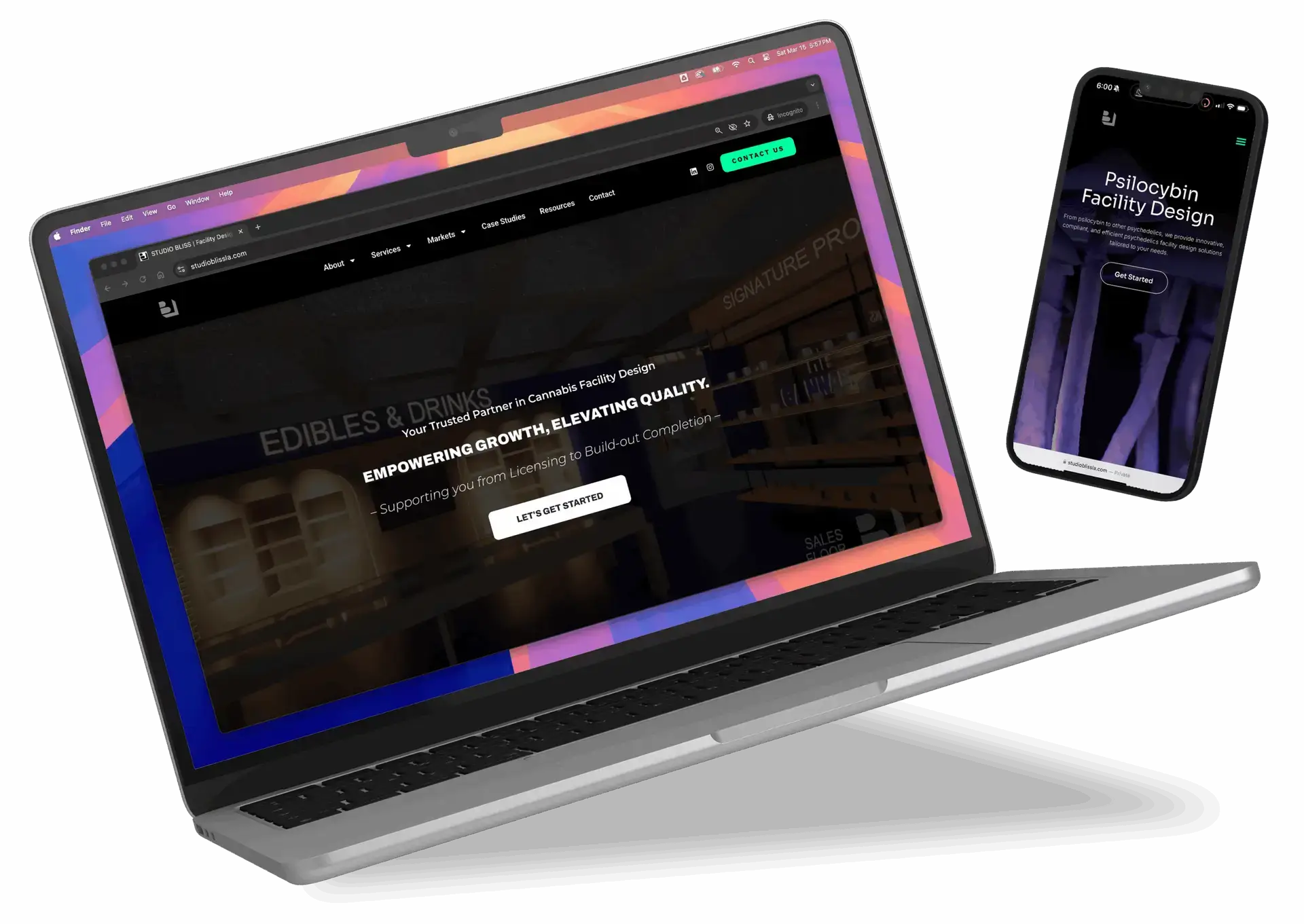 Studio Bliss website shown on laptop and phone